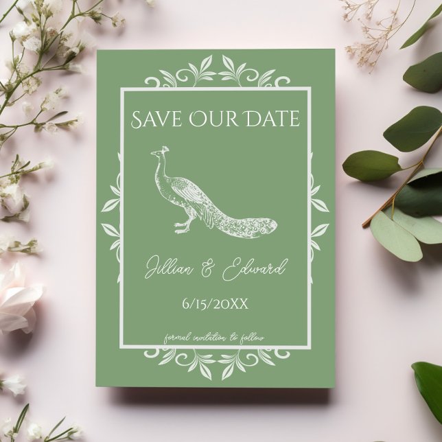 Moss Grönt Peacock blommar ut Spara datum Meddelande (Moss Green Peacock Flourish Save the Date)