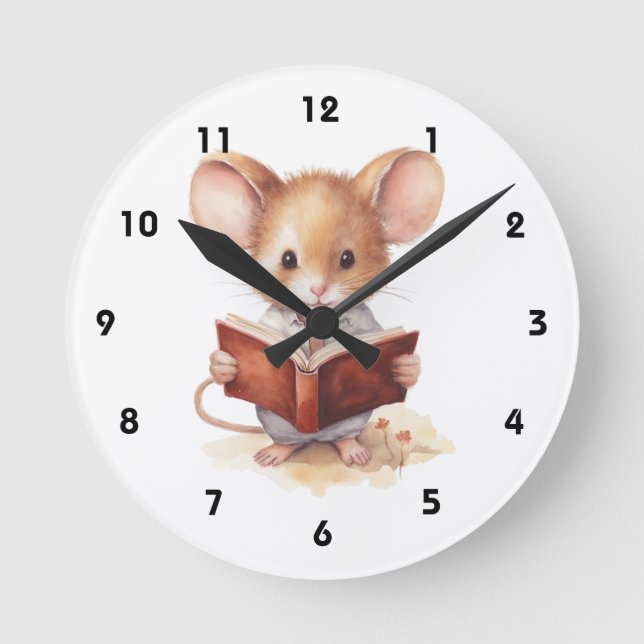 Möss läsande bok fantasifull söt rund klocka (Framsida)