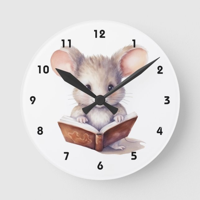 Möss läser bok fantasifull söt rund klocka (Framsida)