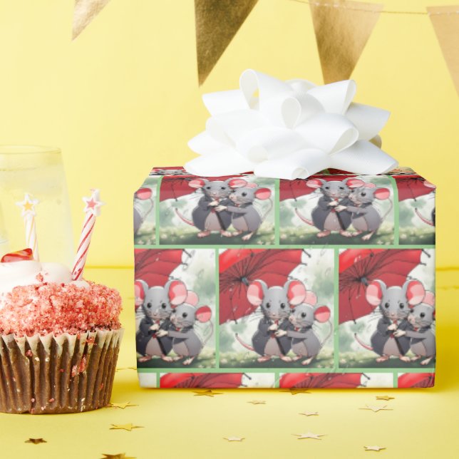 Möss under röda paraplyer presentpapper (Födelsedagsfest)