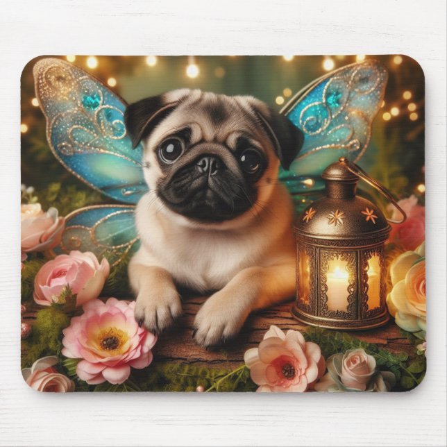 Mössfäll med sagovinge Mops Valp och Blommor Musmatta (Framsidan)