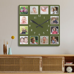 Mossgrön 12 Fotokollage Personliggjort Fyrkantig Klocka