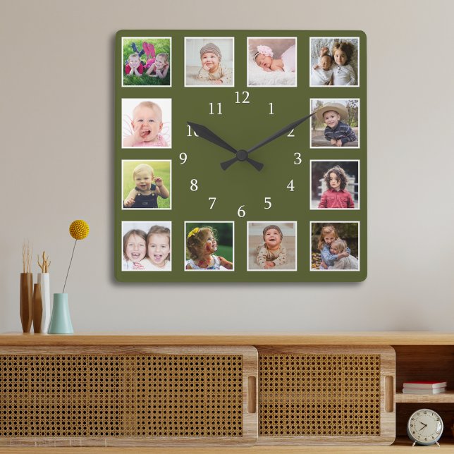 Mossgrön 12 Fotokollage Personliggjort Fyrkantig Klocka (Skapare uppladdad)