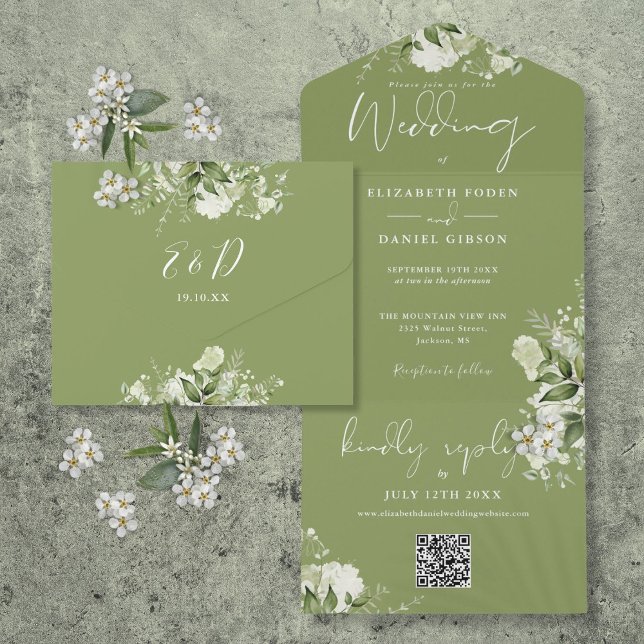 Mossgrön blomster QR-kod Monogram Bröllop (Moss Green Floral QR Code Monogram Wedding All In One Invitation)