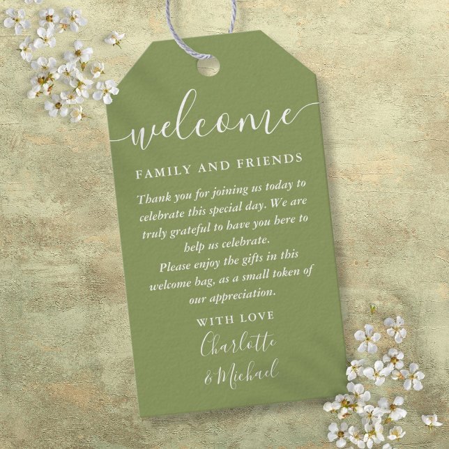 Mossgrön bröllopsgåva välkomstkorg påse presentetikett (Moss Green Wedding Favor Welcome Basket Bag Gift Tags)