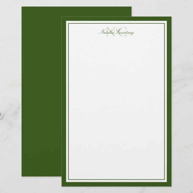 Mossgrön dubbelmonogram med tjock och tunn kant brevpapper (Fram/baksida)