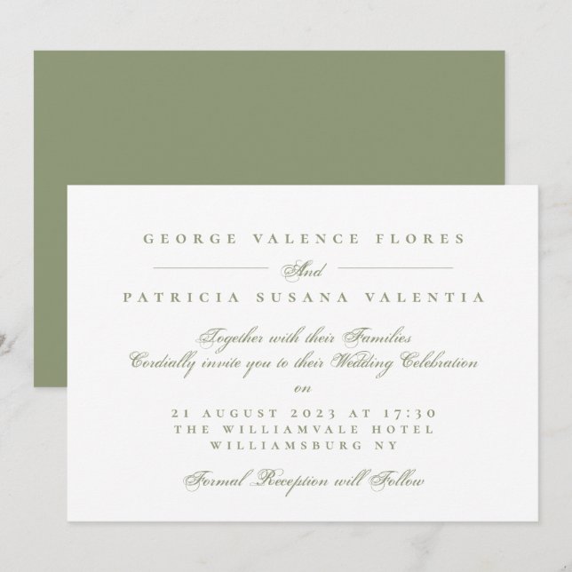Mossgrön formell kalligrafi bröllop inbjudningar (Fram/baksida)