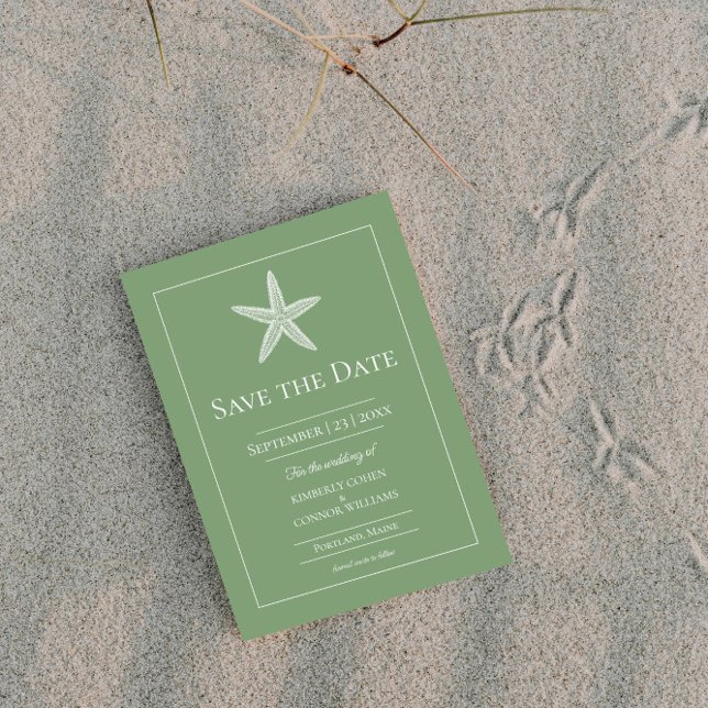 Mossgrön sjöstjärna monogram foto spara datumet (Moss Green Starfish Monogram Photo Save the Date)