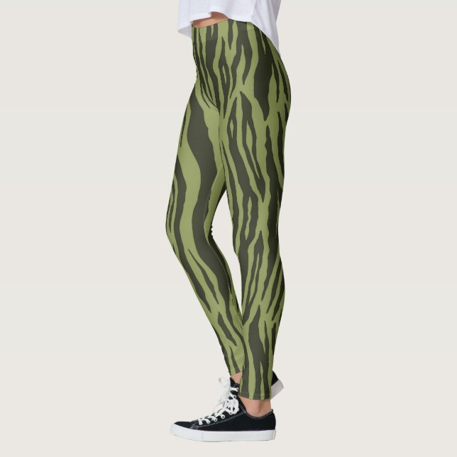 Mossgröna Glamorösa Tiger Ränder Djurtryck Leggings (Vänster)