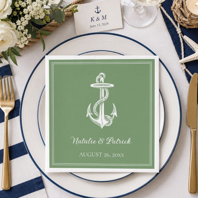 Mossgröna nautiska ankarbröllopsservetter i papper pappersservett (Moss Green Nautical Anchor Wedding Napkins)