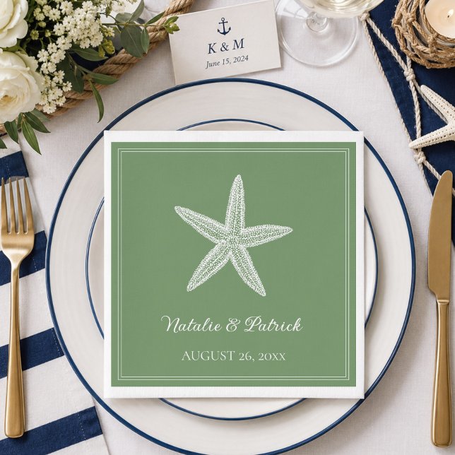 Mossgröna sjöstjärna-bröllop pappersservett (Moss Green Starfish Wedding Napkins)