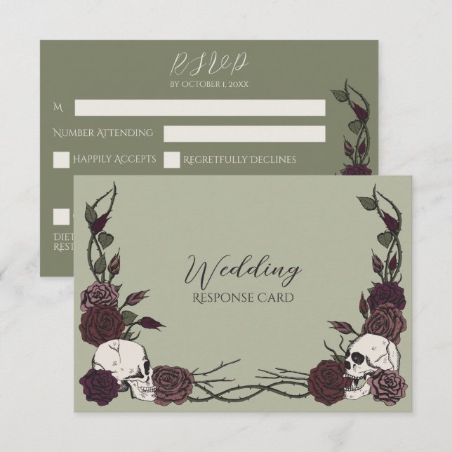 Mossgrönt Blommigt Döskalle Bröllop RSVP Spara Datumet (Fram/baksida)