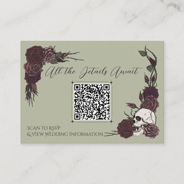 Mossgrönt blommigt kranium & bläck QR-kort Tilläggskort (Framsida)