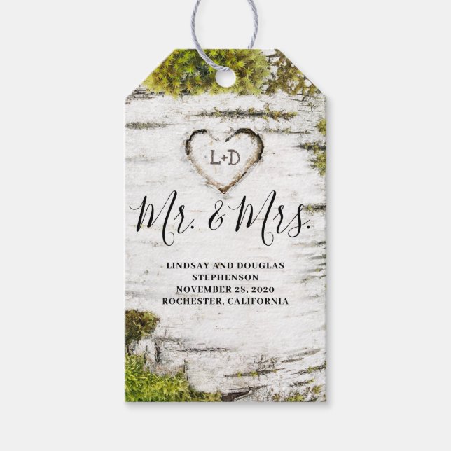 Mossy Birch Träd Heart Mr. och Bröllop Presentetikett (Framsidan)