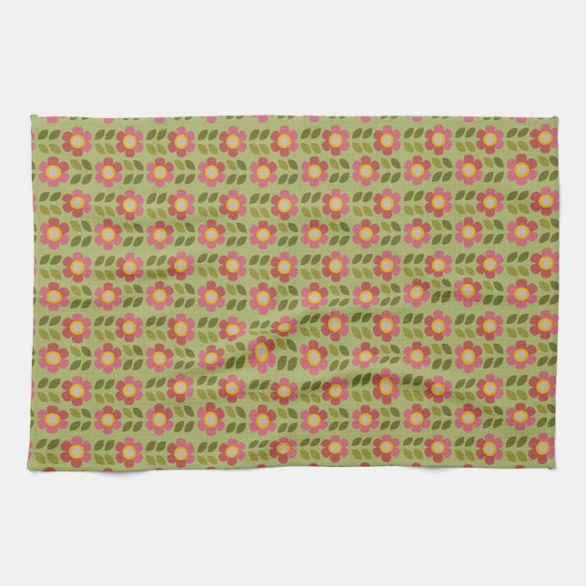 Mossy Bloom - Rosa och Grönt Botanical Tea Towel Kökshandduk (Horisontell)