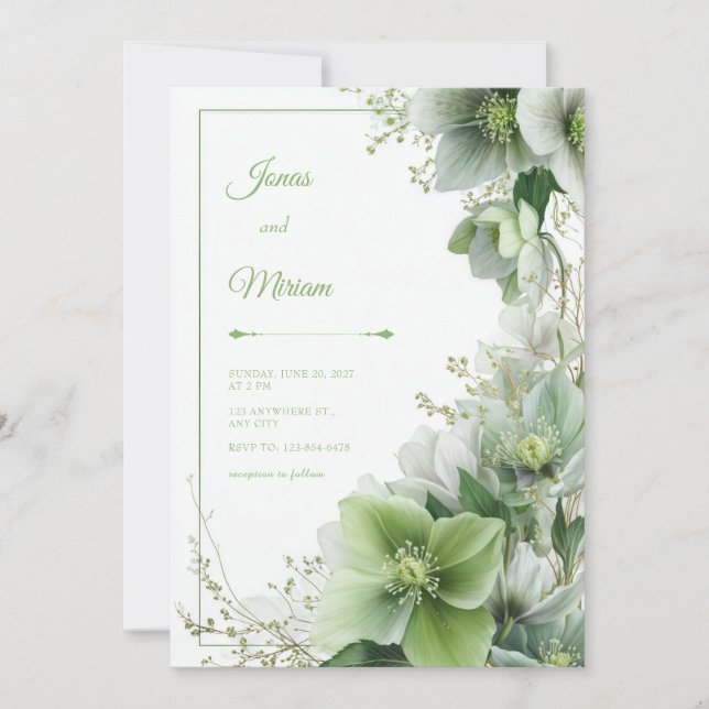 Mossy Sage Hellebore Botanical Frame Wedding Inbjudningar (Framsida)