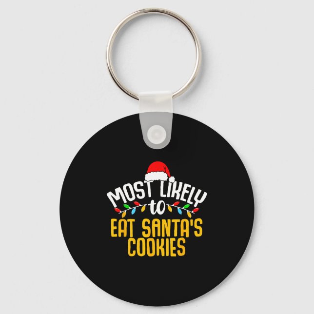 Most Likely To Eat Santas Cookies Funny Family Chr Nyckelring (Framsida)