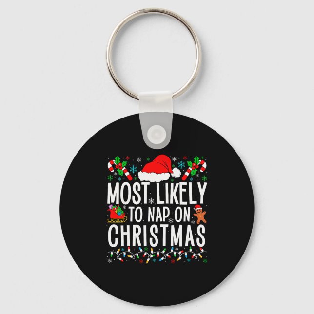 Most Likely To Nap On Christmas Funny Matching Fam Nyckelring (Framsida)