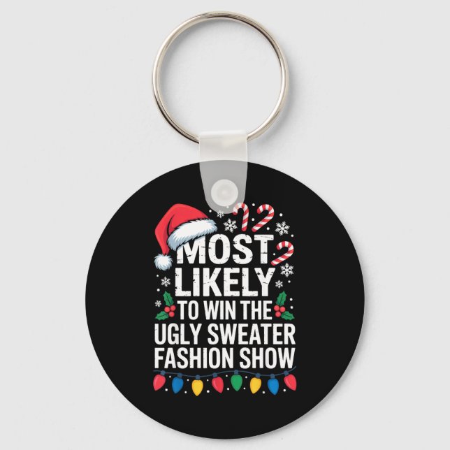 Most Likely Win Ugly Sweater Party Humor Holiday L Nyckelring (Framsida)