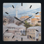 Mostar, Bosnien - Akryltornmålning Fyrkantig Klocka<br><div class="desc">Mönster från min akryliska målning av vinterscenen i en stad som heter Mostar, i Bosnien. Mostar är en stad i södra Bosnien och Hercegovina som sträcker sig över floden Neretva. De närliggande gränsområdena är fullt av butiker och marknadshus, och Gamla bron. Utformning av perfekten för firande vid denna jul och...</div>