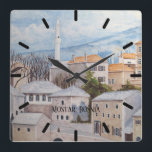 Mostar, Bosnien - Akryltornmålning Fyrkantig Klocka<br><div class="desc">Mönster från min akryliska målning av vinterscenen i en stad som heter Mostar, i Bosnien. Mostar är en stad i södra Bosnien och Hercegovina som sträcker sig över floden Neretva. De närliggande gränsområdena är fullt av butiker och marknadshus, och Gamla bron. Utformning av perfekten för firande vid denna jul och...</div>