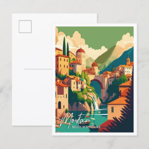Mostar Bosnien Art vintage resor illustration Vykort