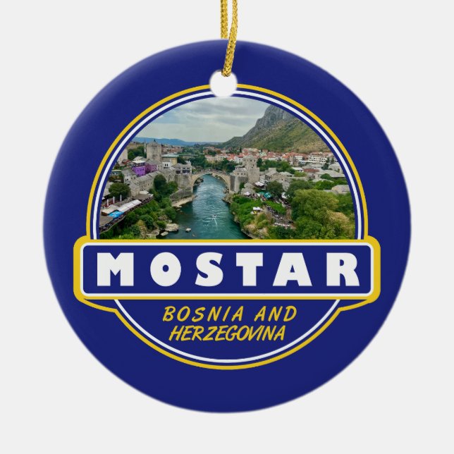 Mostar Bosnien och Hercegovina Travel Art Emblem Julgransprydnad Keramik (Framsidan)