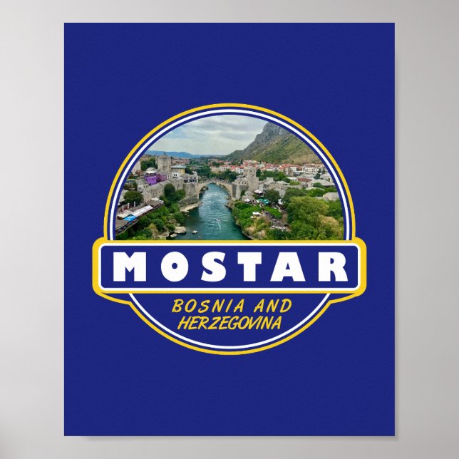 Mostar Bosnien och Hercegovina Travel Art Emblem Poster (Framsidan)