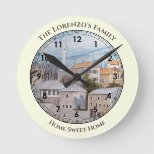 Mostar City Bosnien Acrylic Townscape Painting Rund Klocka