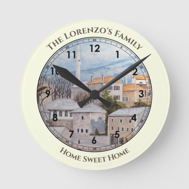 Mostar City Bosnien Acrylic Townscape Painting Rund Klocka (Framsida)