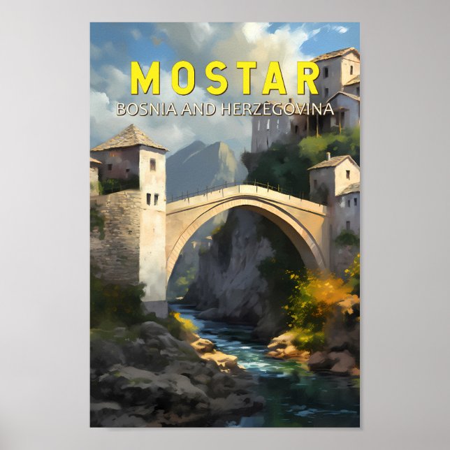 Mostar Stari Mest Travel Oljemålning Art-Vintage Poster (Framsidan)
