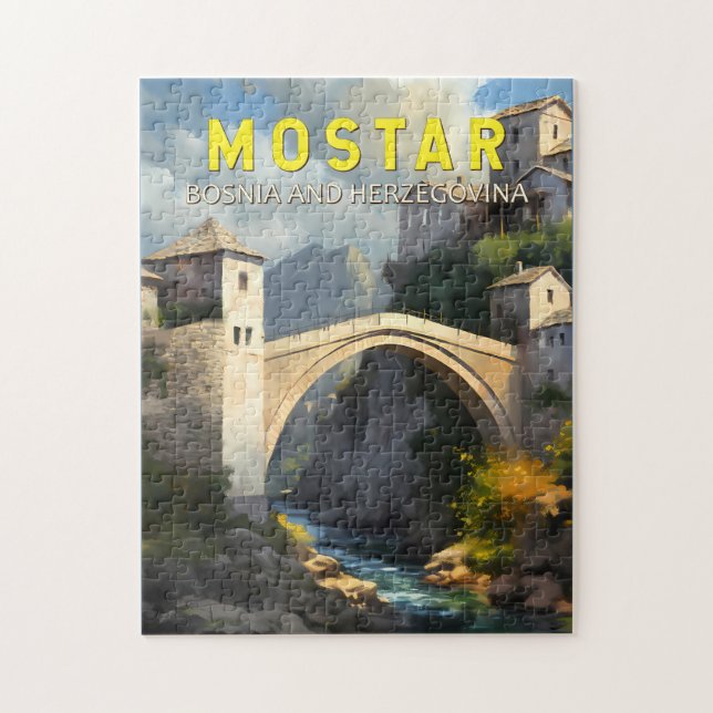 Mostar Stari Mest Travel Oljemålning Art-Vintage Pussel (Vertikal)