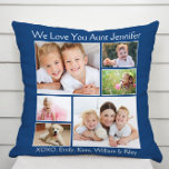 Moster Kärlek You Photo Collage Blue Kudde<br><div class="desc">Ge är världens bästa fotogåva av anpassningsbarna moster per roligt. Det klassiska blåa dekorativ kudde har en 6-fotokollage av hennes faeces,  brorson,  familj,  husdjur osv.,  deras namn och "We Kärlek You" eller "I Kärlek You" och om hon heter "Auntie",  "Tia" osv.,  i modern vit typografi.</div>