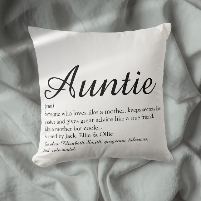 Moster Moster Definition Svart och Vit Chic Skrift Kudde (Aunt Auntie Definition Black and White Chic Script Throw Pillow)