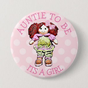 Moster som ska vara Rosa Doll Baby Shower-knapp Knapp