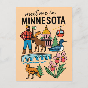 Möt mig i Minnesota Loon Moose Lumberjack-ikoner Vykort