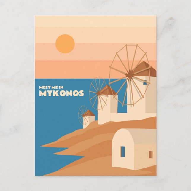 Möt mig i Mykonos: Minimalistiska grekiska vindkra Vykort (Framsida)
