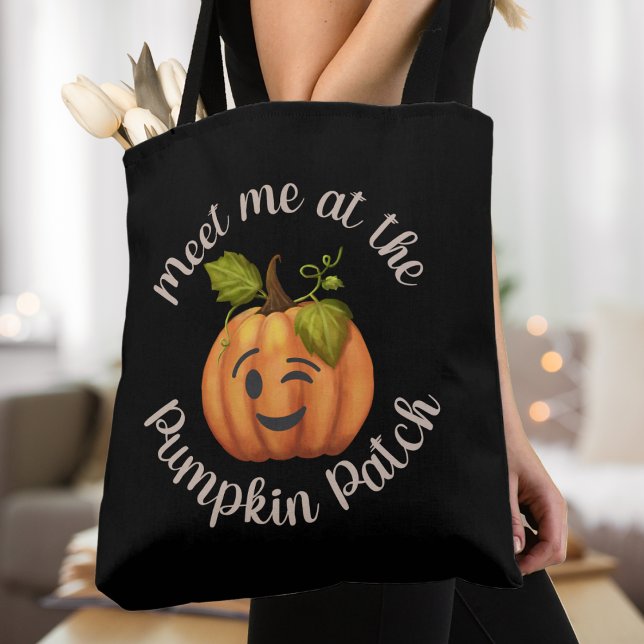 Möt mig på Pumpkin Patch Winking Pumpkin Fall Tygkasse (Meet Me At The Pumpkin Patch Winking Pumpkin Autumn Tote Bag)
