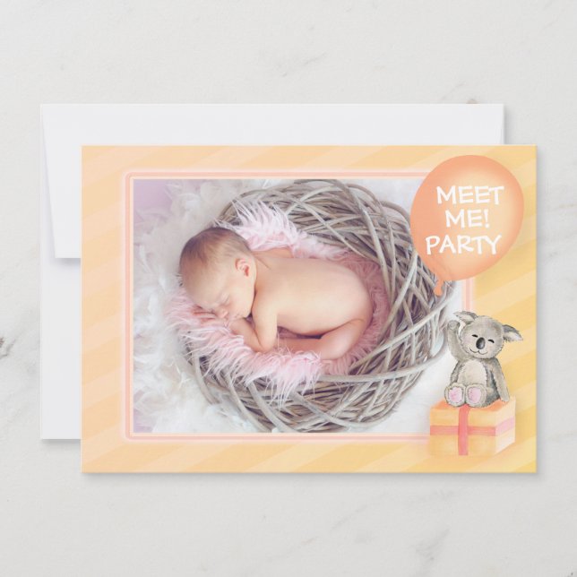 Möt min nya bebis-presentkort med orange koala inbjudningar (Framsida)