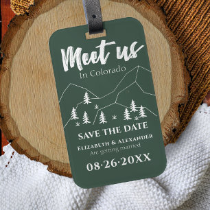 Möt oss Forest Bröllop Calligraphy Spara datumet Bagagebricka