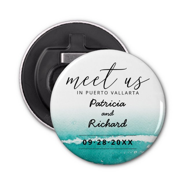 Möt oss i målbröllop klockan Spara datumet Flasköppnare (Framsidan)