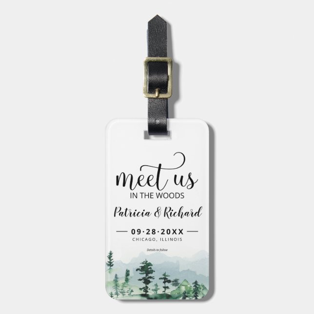 Möt oss i Skogen utanför Bröllop spara datum Bagagebricka (Vertikal Framsida)