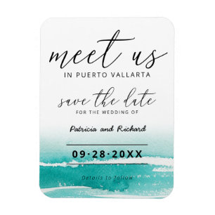 Möt oss på Destination Bröllop Teal Spara Datum Magnet