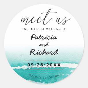 Möt oss på Destination Bröllop Teal Spara Datum Runt Klistermärke