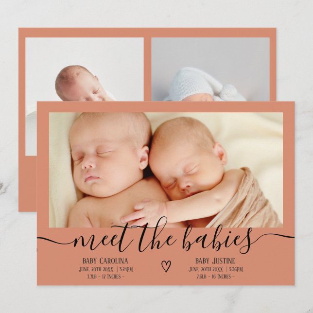 Möt spädbarn-skript boho 3 foto baby twillingar fö meddelande (Fram/baksida)