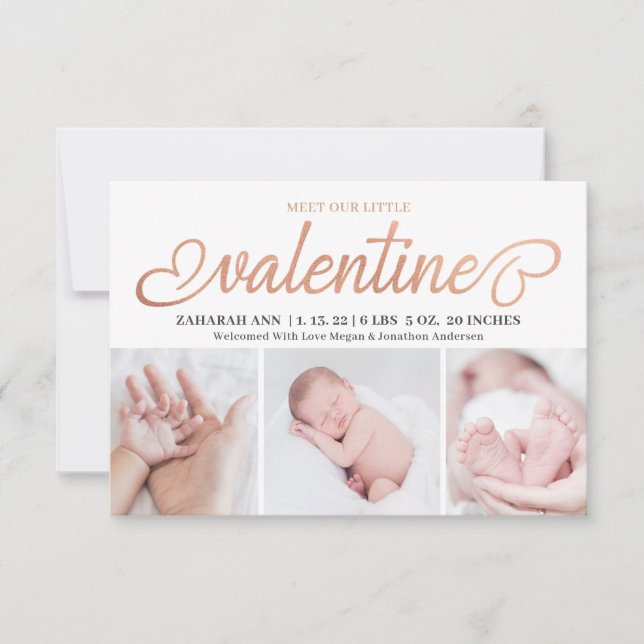 Möt vår lilla Valentine 3-foto Birth Baby Meddelande (Framsida)
