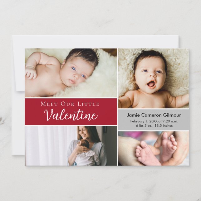 Möt vår lilla Valentine Baby Photo Collage Birth Tack Kort (Framsida)