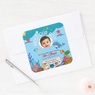 Möt vår pojke baby shower-inbjudan-Under havet Fyrkantigt Klistermärke