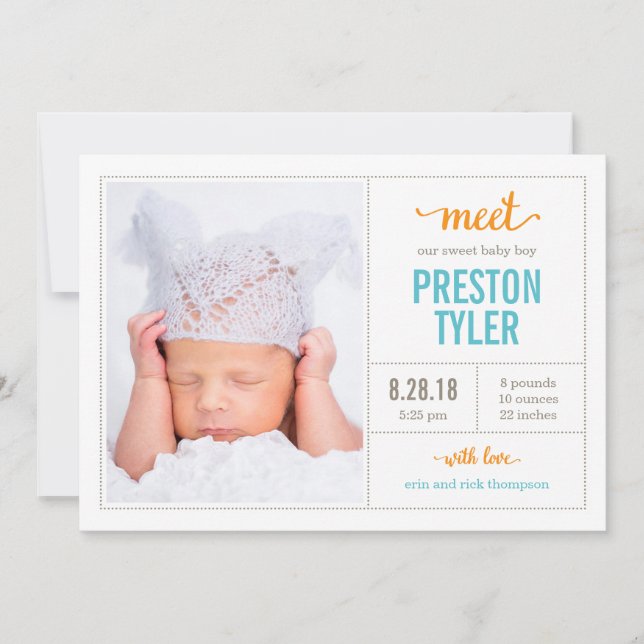 MÖTA HIM Modern Tillkännagivande för födelse Meddelande (Framsida)