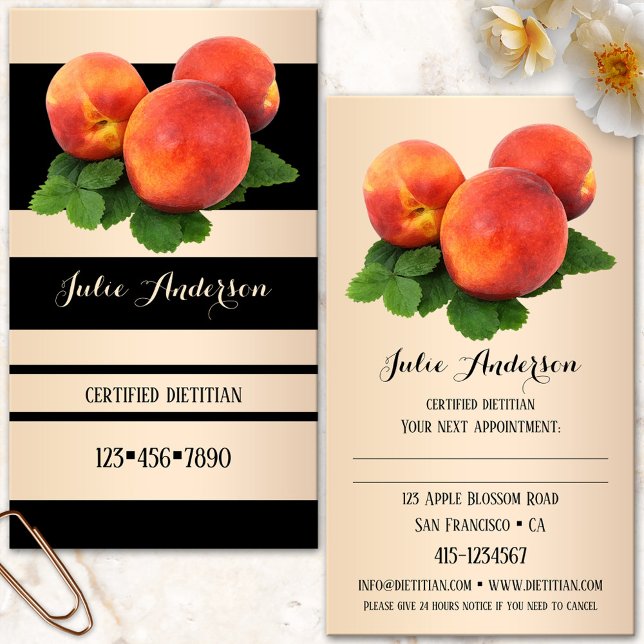 Möte Affärskort med dietitiskt nitritionistiskt Tidsbeställning Kort (Nutritionist business card featuring a striped design in black and light rose gold with peaches)